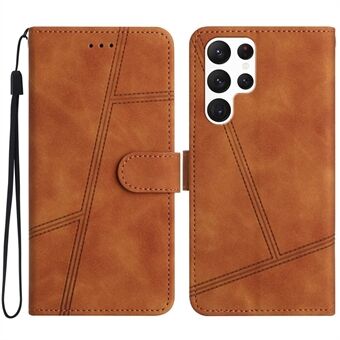 For Samsung Galaxy S23 Ultra Skin-touch Lines Imprinted Phone Case Vintage Shockproof PU Leather Wallet Cover with Stand