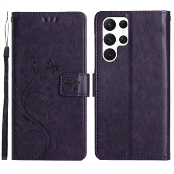 For Samsung Galaxy S23 Ultra Imprinting Flower Butterflies Stand Wallet Case Anti-scratch PU Leather Folio Flip Case