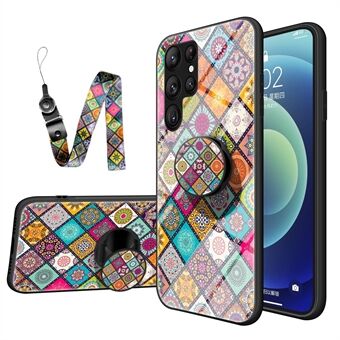 For Samsung Galaxy S23 Ultra Phone Cover Kickstand with Lanyard Flower Pattern Tempered Glass + PC + TPU Protective Mobile Phone Case