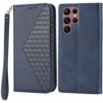 For Samsung Galaxy S23 Ultra Calf Texture PU Leather Stand Case Magnetic Auto-absorbed Imprinted Rhombus Pattern Wallet Phone Cover with Strap