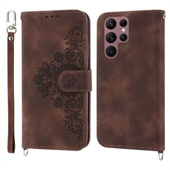 For Samsung Galaxy S23 Ultra Anti-scratch Phone Shell Skin-touch Multiple Card Slots Imprinted Flowers Stand Leather Wallet Cover with Wrist Strap and Shoulder Strap