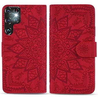 For Samsung Galaxy S23 Ultra Imprint Flower Phone Cover Wallet Design Stand Shell Calf Texture Leather Case