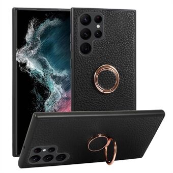 For Samsung Galaxy S23 Ultra Anti-drop Phone Case Ring Kickstand PU Leather Coated PC+TPU Litchi Texture Protective Back Cover Support Car Magnetic Holder