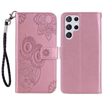 For Samsung Galaxy S23 Ultra Phone Cover Anti-dust Imprinted Owl Flower Pattern Stand Wallet Leather Phone Case