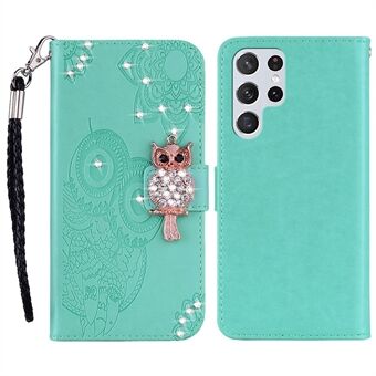 For Samsung Galaxy S23 Ultra Fall Proof Rhinestone Decor Phone Cover, Imprinting Owl Flower Pattern Stand Wallet Leather Case