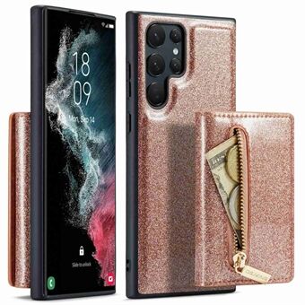 DG.MING M3 Series For Samsung Galaxy S23 Ultra 2-in-1 Glittery PU Leather Coated PC+TPU Back Case Magnetic Detachable Zipper Wallet Anti-drop Phone Cover with Kickstand