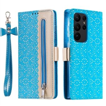 Shockproof Case for Samsung Galaxy S23 Ultra Zipper Wallet Phone Case Lace Flower Pattern PU Leather Stand Cover with Bowknot Wrist Strap