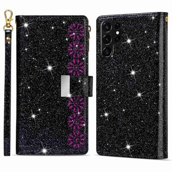 Protective Phone Cover Zipper Wallet For Samsung Galaxy S23 Ultra Laser Carving Glittery Starry Style Leather Phone Case Stand with Strap