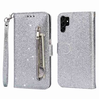 Glittery Phone Case For Samsung Galaxy S23 Ultra, Zipper Pocket Wallet Stand Magnetic Clasp PU Leather Cell Phone Cover