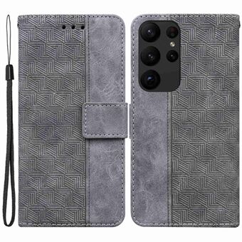 For Samsung Galaxy S23 Ultra PU Leather Magnetic Closure Geometry Pattern Imprinted Case Handbag Stand Wallet Shockproof Flip Phone Cover with Strap