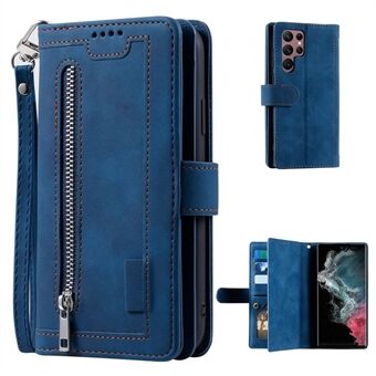 For Samsung Galaxy S23 Ultra Zipper Pocket 9 Card Slots Design PU Leather Wallet Cover Foldable Stand Phone Drop-proof Case with Hand Strap