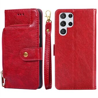 For Samsung Galaxy S23 Ultra Zipper Pocket Phone Case PU Leather Foldable Stand Wallet Cover with Handy Strap