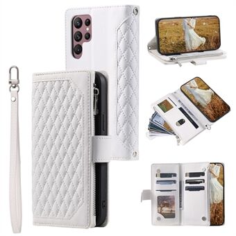 For Samsung Galaxy S23 Ultra 005 Style Rhombus Imprinted PU Leather Cover Zipper Pocket Stand Wallet Phone Case with Strap