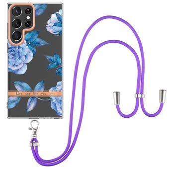 YB IMD-11 Series for Samsung Galaxy S23 Ultra Flower Pattern IMD IML TPU Phone Case Electroplating Drop-proof Back Cover with Lanyard