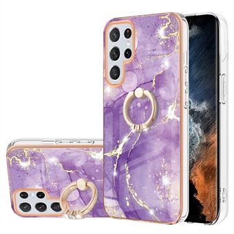 For Samsung Galaxy S23 Ultra YB IMD Series-10 Ring Kickstand Phone Case IMD Marble Pattern Electroplating TPU Back Cover