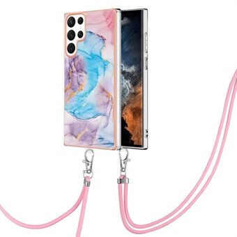 Anti-fall Phone Cover For Samsung Galaxy S23 Ultra YB IMD Series-4 IMD IML Marble Flower Pattern Electroplating Frame Soft TPU Phone Case with Lanyard