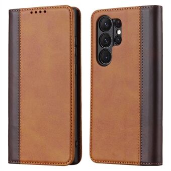 For Samsung Galaxy S23 Ultra Hidden Magnetic Absorption PU Leather Wallet Case Calf Texture Bi-color Splicing Stand Folio Phone Cover