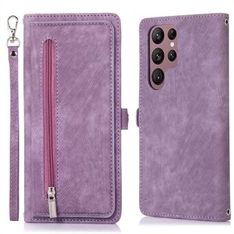 For Samsung Galaxy S23 Ultra Zipper Pocket Wallet Phone Case 9 Card Slots PU Leather Shockproof Stand Cover with Wrist Strap