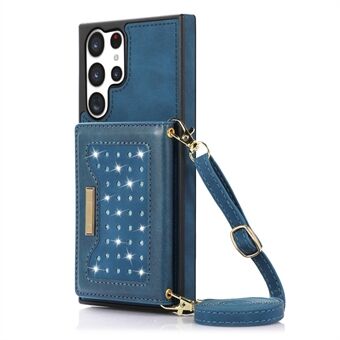 Rhinestone Decor Phone Cover For Samsung Galaxy S23 Ultra, RFID Blocking Anti-shock Phone Case PU Leather + TPU Shell with Lanyard