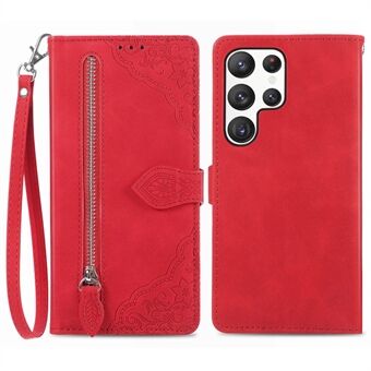 For Samsung Galaxy S23 Ultra Drop-proof Flip Phone Case Wallet Stand Flower Imprinted PU Leather Zipper Pocket Phone Cover with Strap