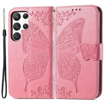 Imprinted Butterfly Pattern Phone Case for Samsung Galaxy S23 Ultra, PU Leather Wallet Stand Magnetic Clasp Anti-drop Phone Cover with Strap