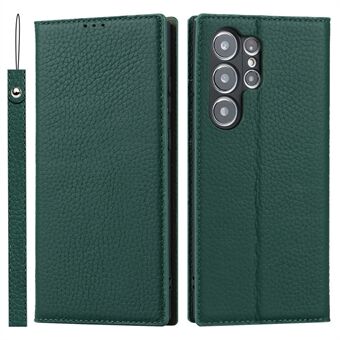 For Samsung Galaxy S23 Ultra Anti-Dust Litchi Texture Genuine Leather Case Flip Wallet Stand Phone Protective Cover with Hand Strap