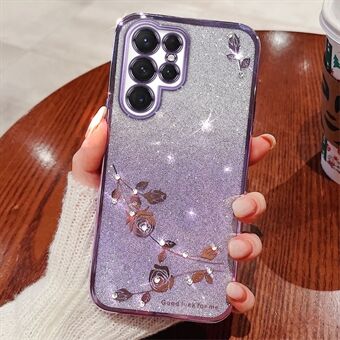 For Samsung Galaxy S23 Ultra Anti-Fading Gradient Color Phone Case Flower Pattern Decor Rhinestone Glitter Powder Flexible TPU Phone Cover