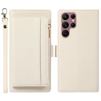 Phone Case for Samsung Galaxy S23 Ultra, Litchi Texture PU Leather Detachable Zipper Wallet Cover Stand with Strap