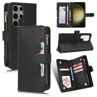 For Samsung Galaxy S23 Ultra Cellphone Cover, Wallet Zipper Pocket Phone Case with 2 Straps