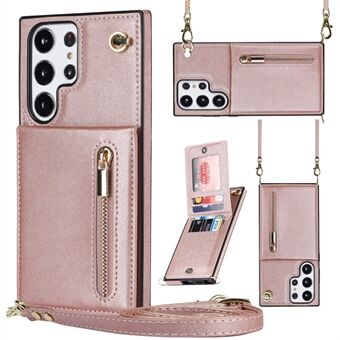 For Samsung Galaxy S23 Ultra Zipper Wallet Phone Case with Lanyard, Leather Coated TPU Phone Kickstand Cover