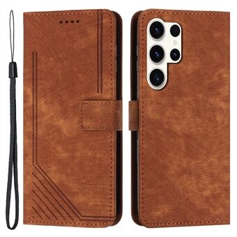 For Samsung Galaxy S23 Ultra Protective Wallet Case Skin-Touch Lines Imprinted PU Leather Phone Cover