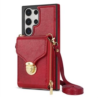 For Samsung Galaxy S23 Ultra Crossbody Card Holder Kickstand Case PU Leather Coated TPU Zipper Phone Cover