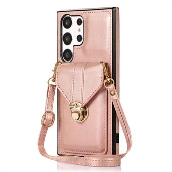 For Samsung Galaxy S23 Ultra Card Holder Phone Cover Kickstand PU Leather+TPU Case with Shoulder Strap