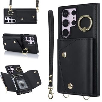 For Samsung Galaxy S23 Ultra Ring Kickstand Zipper Wallet Case PU Leather + TPU Phone Cover