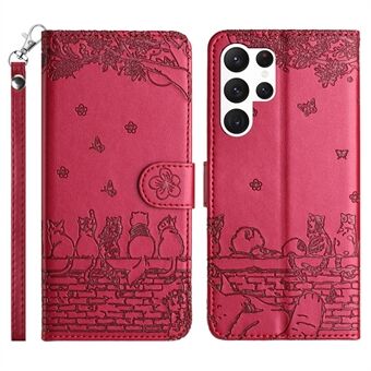 Wall Cats Imprinted Phone Case for Samsung Galaxy S23 Ultra , PU Leather Stand Wallet Cover with Strap