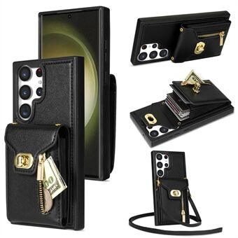 For Samsung Galaxy S23 Ultra Card Slots Phone Cover Zipper Pocket Leather Coated TPU Kickstand Case