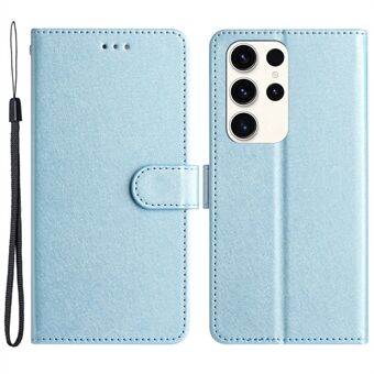 Silk Texture Case for Samsung Galaxy S23 Ultra , Drop Proof Leather Wallet Stand Shell with Hand Strap