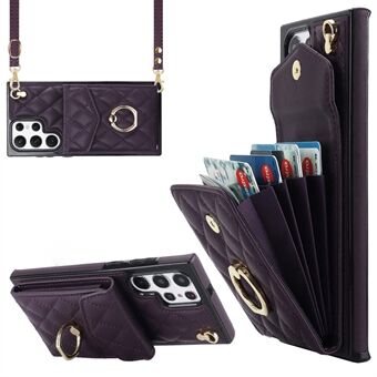 Anti-drop Phone Case for Samsung Galaxy S23 Ultra , PU Leather+TPU Ring Kickstand Multiple Card Slots RFID Blocking Cover