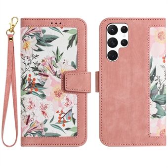 For Samsung Galaxy S23 Ultra PU Leather Case Flower Pattern Printing Card Holder Phone Stand Cover