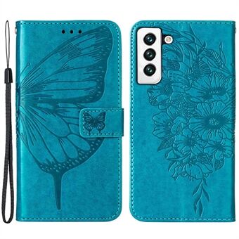 YB Imprinting Series-4 for Samsung Galaxy S23 Butterfly Flower Imprinted PU Leather Shockproof Case Foldable Stand Wallet Cover with Strap