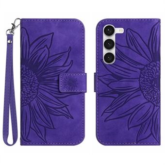 Sunflower Imprinted Phone Cover For Samsung Galaxy S23, HT04 Skin-Touch Wallet Anti-fall Phone Case Stand with Hand Strap