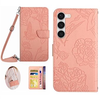 For Samsung Galaxy S23 HT03 Imprinted Butterfly Flowers Wallet Flip Cover PU Leather Skin-touch Stand Magnetic Folio Protective Phone Case with Shoulder Strap