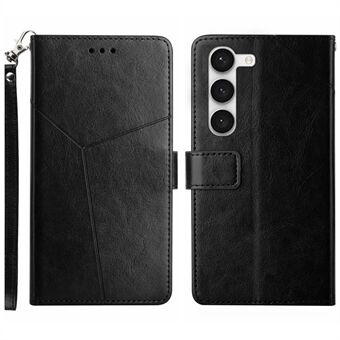 For Samsung Galaxy S23 HT01 PU Leather Imprinted Y-Shaped Lines Phone Case Anti-shock Flip Wallet Cover Foldable Stand with Strap