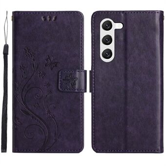 For Samsung Galaxy S23 Flower Butterfly Imprinted Protective Cover with Stand PU Leather Phone Wallet Case