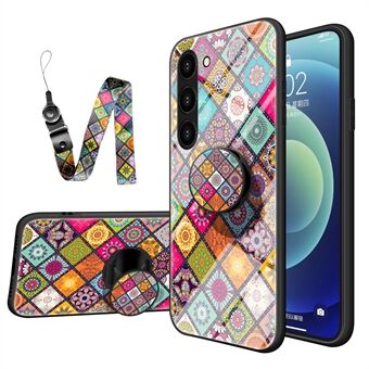 Kickstand Phone Case For Samsung Galaxy S23 Flower Pattern Tempered Glass + Hard PC + Soft TPU Protective Hybrid Cover with Lanyard