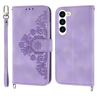 For Samsung Galaxy S23 Skin-touch PU Leather Imprinted Flowers Phone Wallet Case Multiple Card Slots Stand Cover with Wrist Strap and Shoulder Strap