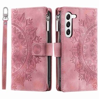 For Samsung Galaxy S23 Zipper Pocket Phone Case Mandala Flower Imprinted PU Leather Stand Cover Multiple Card Slots Wallet