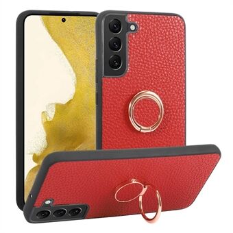 Anti-scratch Phone Case For Samsung Galaxy S23, Litchi Texture Ring Kickstand PU Leather Coated PC+TPU Smartphone Cover Support Car Magnetic Holder