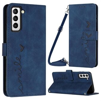 For Samsung Galaxy S23 Heart Shape Imprinted Wallet Horizontal Stand Case Skin-touch Feeling PU Leather Phone Cover with Shoulder Strap