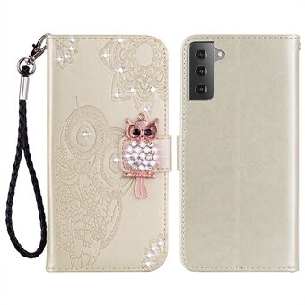 For Samsung Galaxy S23 Rhinestone Decor Phone Cover, Imprinting Owl Flower Pattern Stand Wallet Leather Case